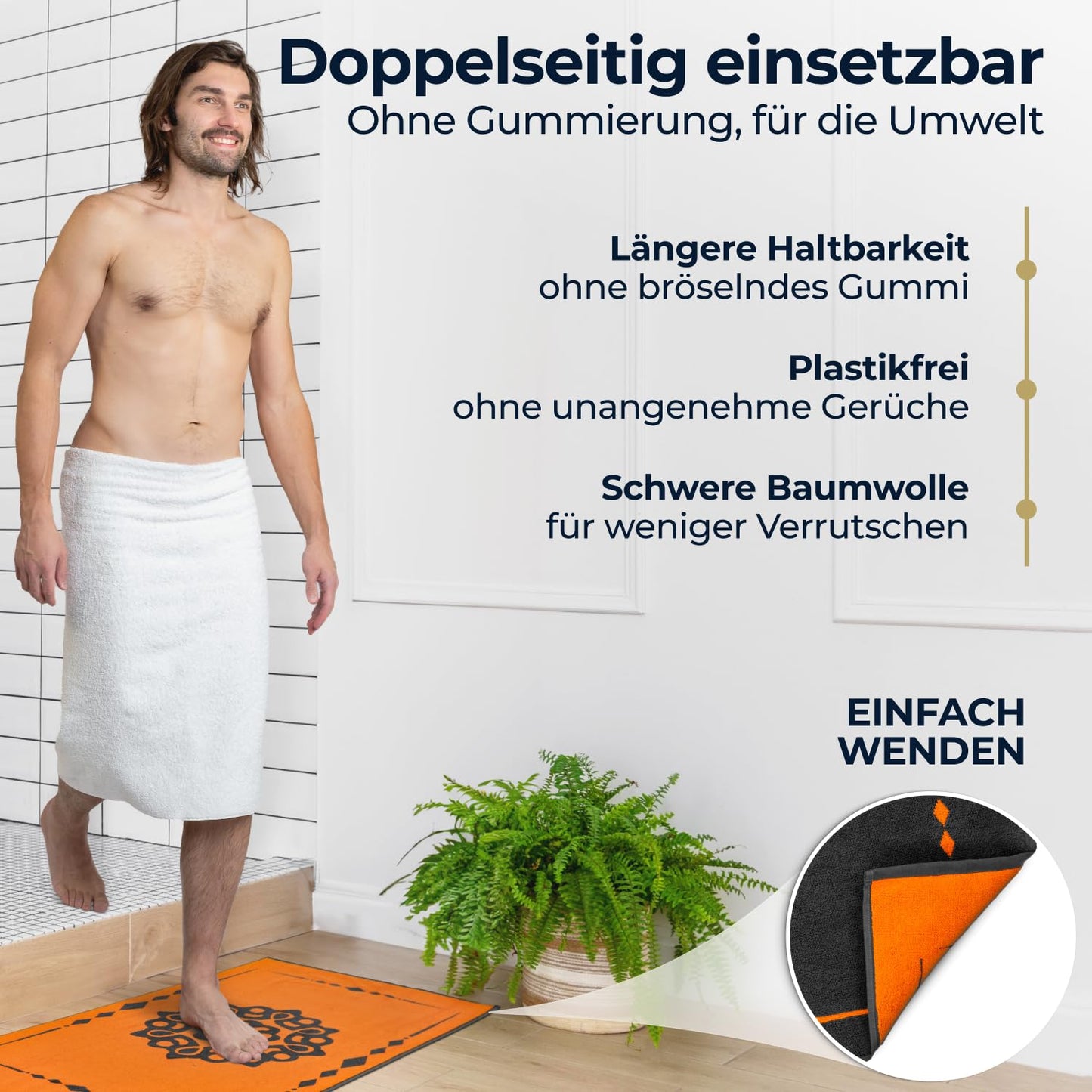 Alfombra de baño de diseño ELEVAVIDA® 100% algodón 1000 g/m2 - antracita/gris con mandala en naranja - lavable a máquina, secado rápido - Armonía para tu baño
