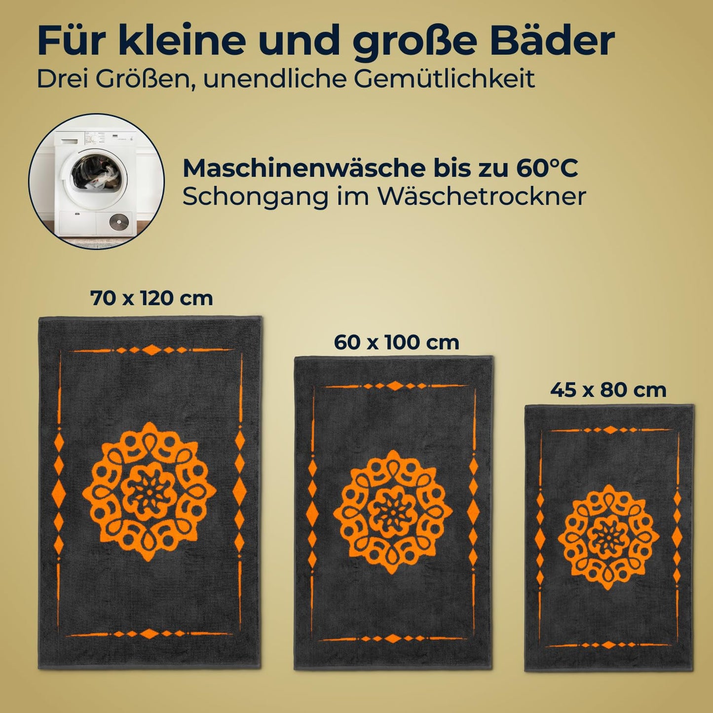 Alfombra de baño de diseño ELEVAVIDA® 100% algodón 1000 g/m2 - antracita/gris con mandala en naranja - lavable a máquina, secado rápido - Armonía para tu baño