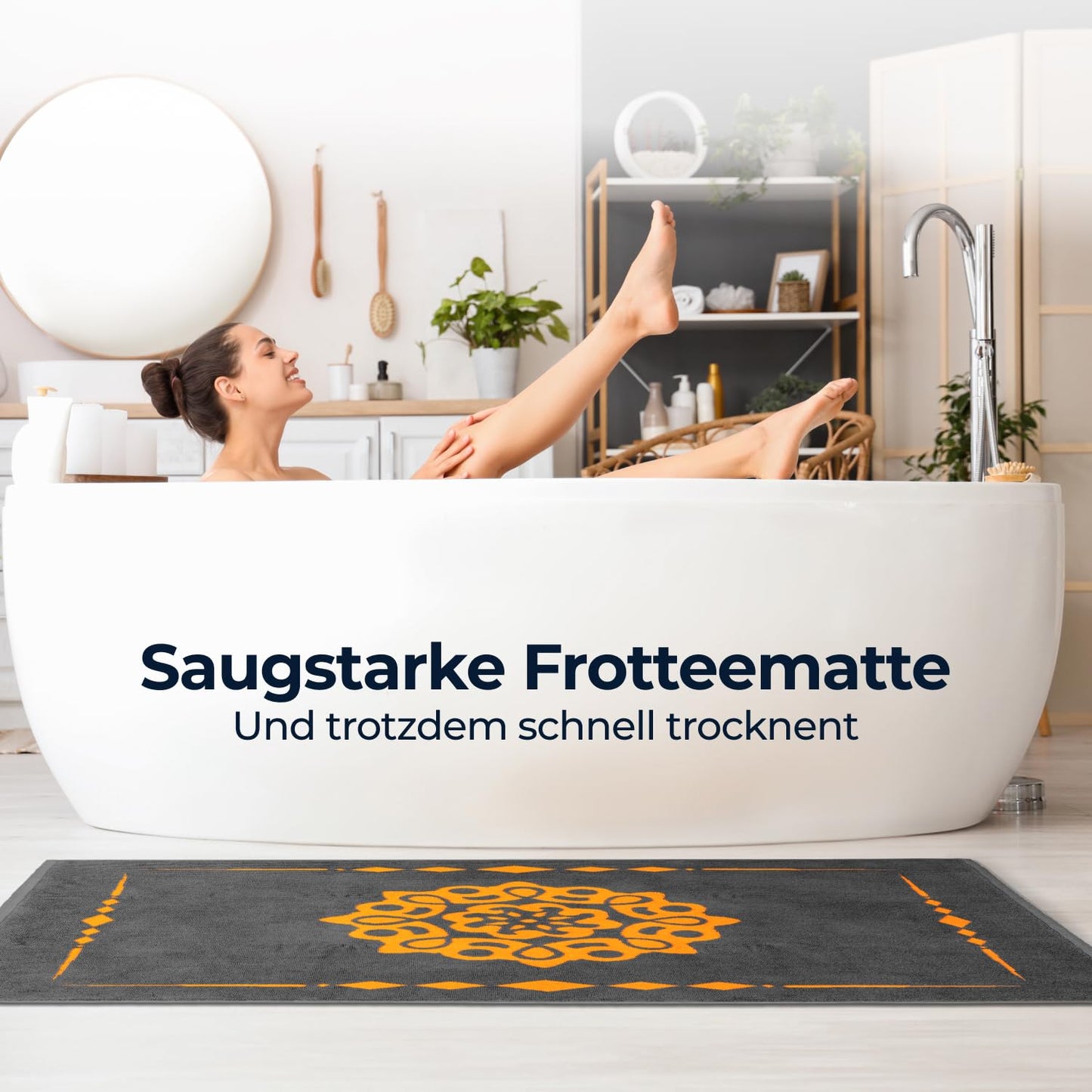 Alfombra de baño de diseño ELEVAVIDA® 100% algodón 1000 g/m2 - antracita/gris con mandala en naranja - lavable a máquina, secado rápido - Armonía para tu baño