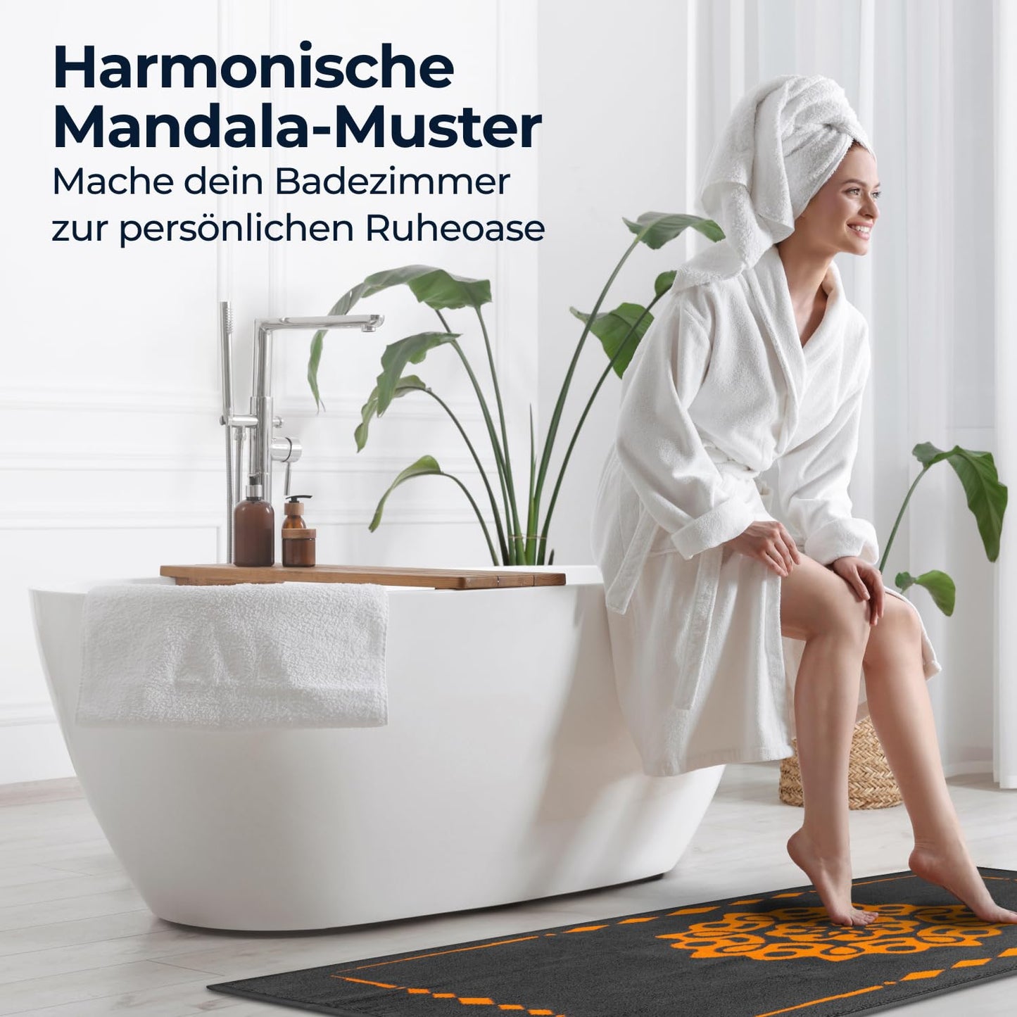 Alfombra de baño de diseño ELEVAVIDA® 100% algodón 1000 g/m2 - antracita/gris con mandala en naranja - lavable a máquina, secado rápido - Armonía para tu baño