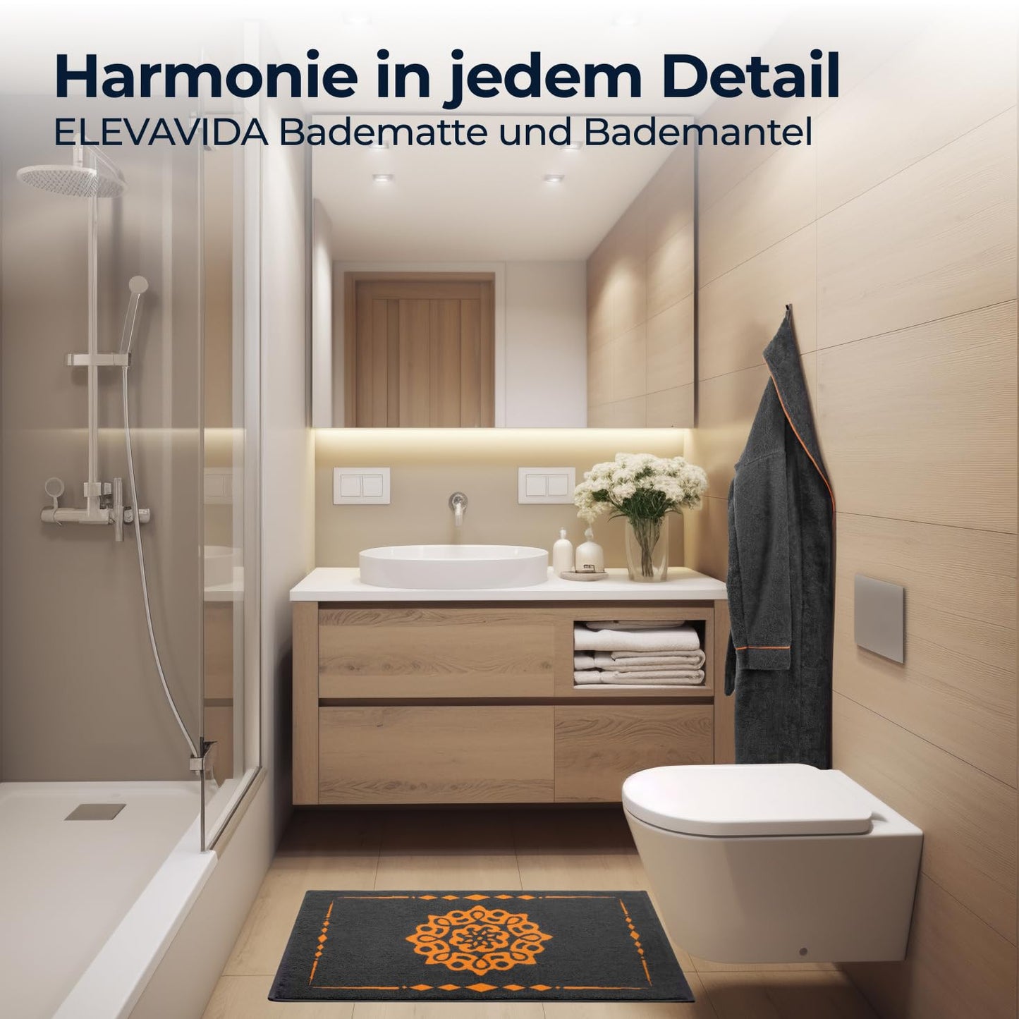 Alfombra de baño de diseño ELEVAVIDA® 100% algodón 1000 g/m2 - antracita/gris con mandala en naranja - lavable a máquina, secado rápido - Armonía para tu baño