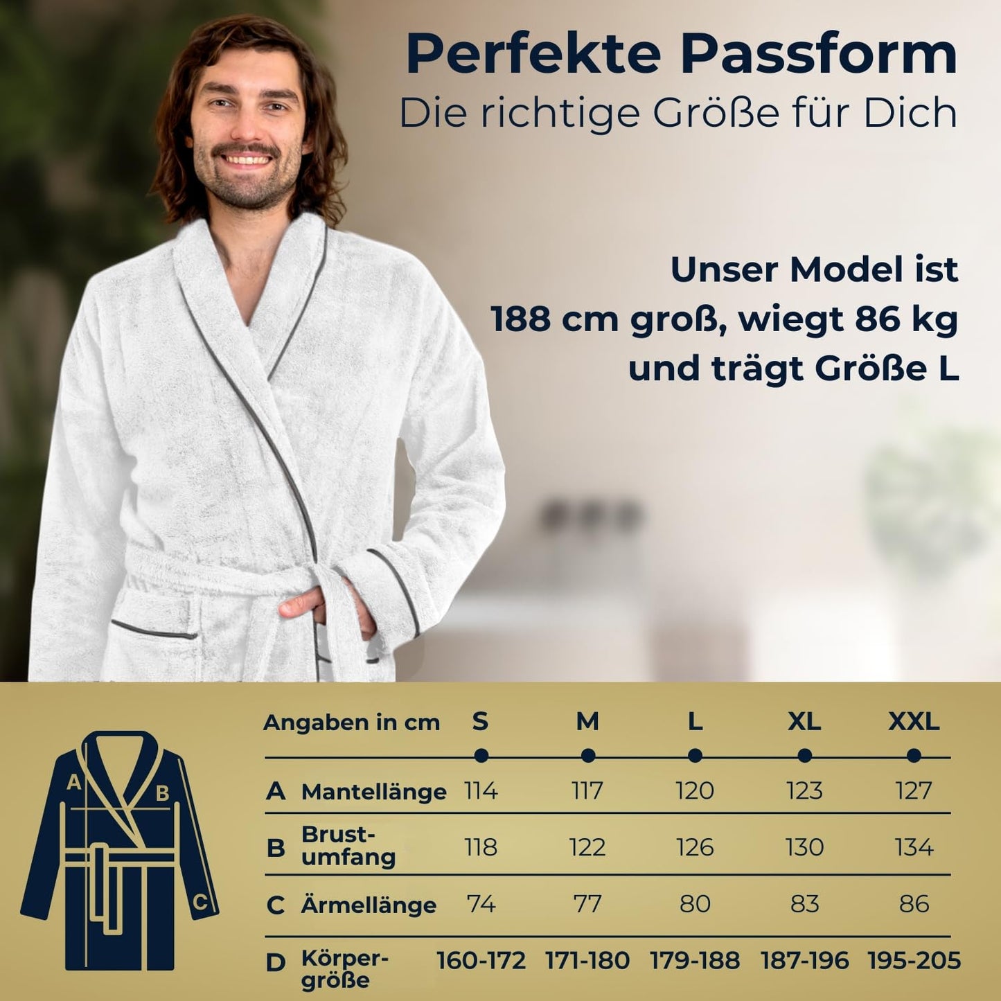 Albornoz de hombre ELEVAVIDA® en blanco puro de algodón suave (430 g/m²) - extra suave y cómodo - certificado OEKO-TEX