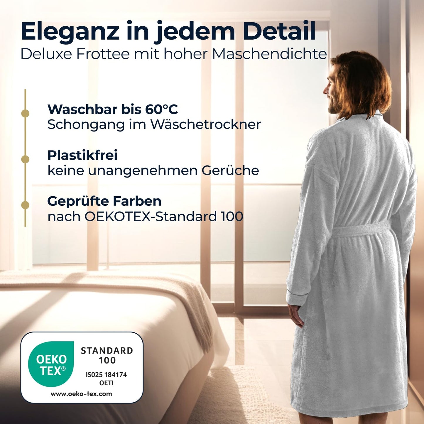 Albornoz de hombre ELEVAVIDA® en blanco puro de algodón suave (430 g/m²) - extra suave y cómodo - certificado OEKO-TEX