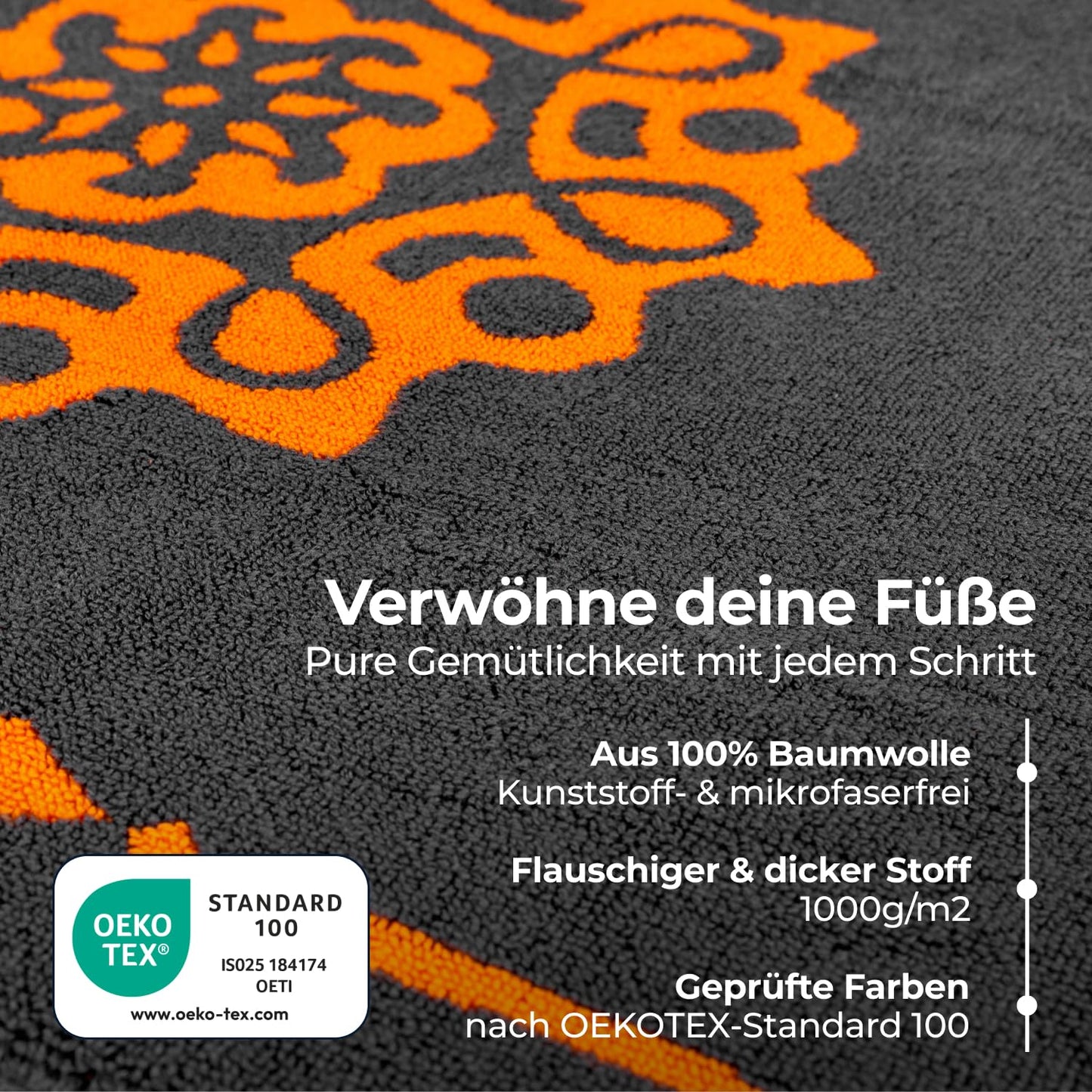 Alfombra de baño de diseño ELEVAVIDA® 100% algodón 1000 g/m2 - antracita/gris con mandala en naranja - lavable a máquina, secado rápido - Armonía para tu baño