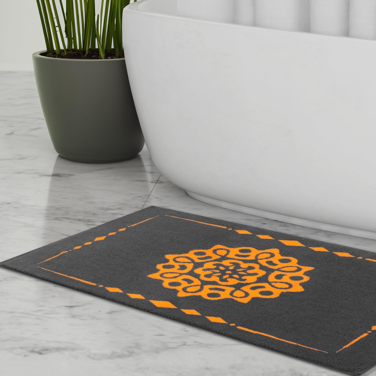 Alfombra de baño de diseño ELEVAVIDA® 100% algodón 1000 g/m2 - antracita/gris con mandala en naranja - lavable a máquina, secado rápido - Armonía para tu baño