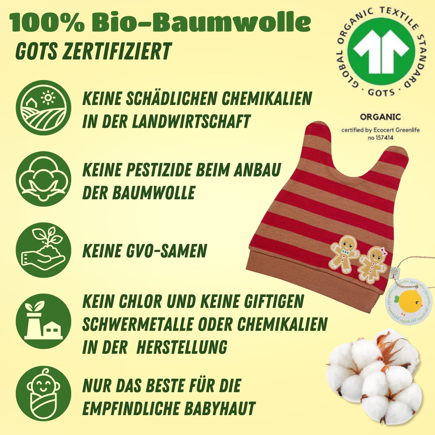 organicKid® Baby Mütze aus Jersey - Reine Bio Baumwolle (GOTS) extra weich für Jungen und Mädchen im Alter von 0-3 Jahre, Slouch, Beanie Zipfelmütze rot (Unisex)