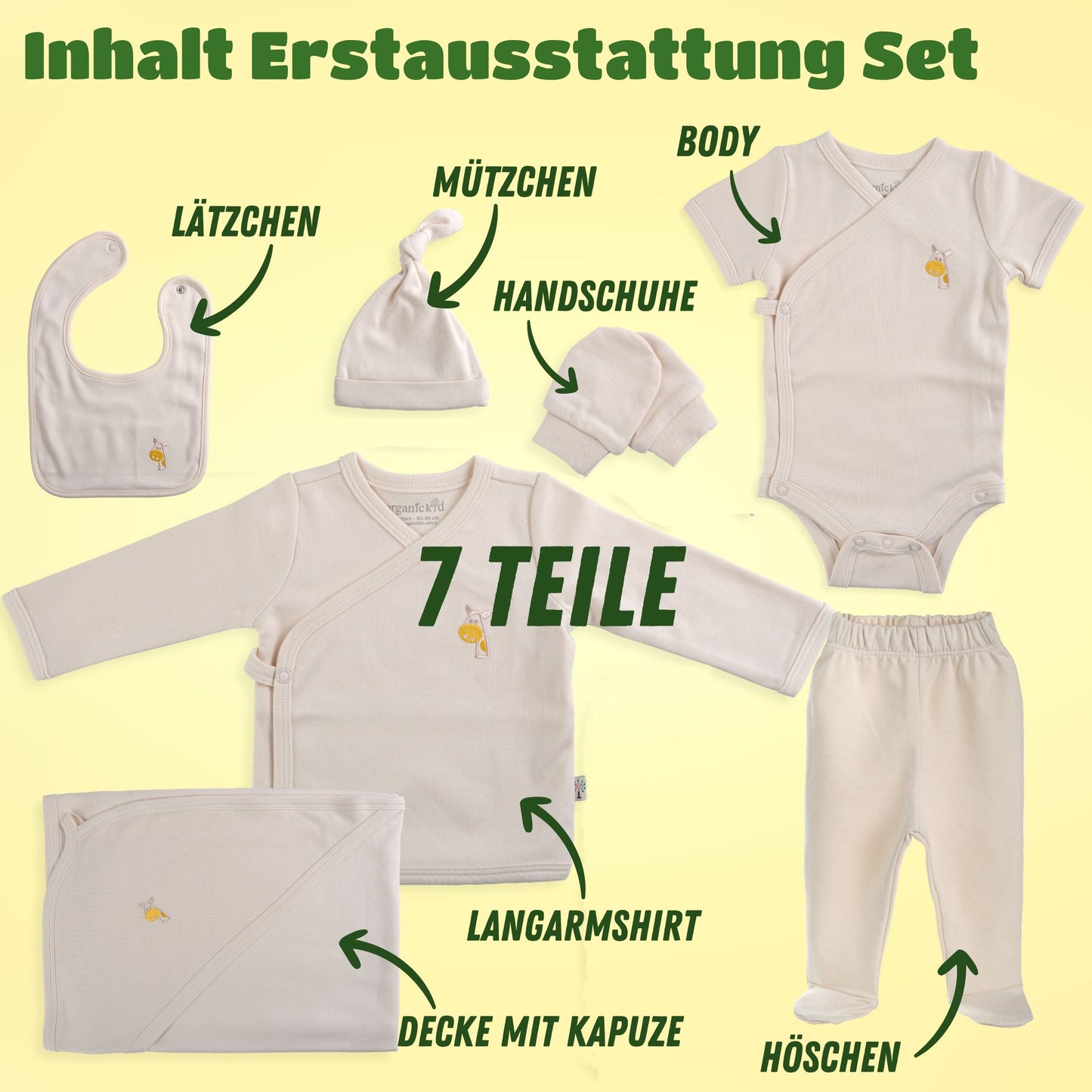 Conjunto para bebé recién nacido de la marca organicKid®: algodón orgánico suave, hipoalergénico, 7 piezas con manta con capucha, primer conjunto de regalo para el bebé de 0 a 6 meses, unisex para niñas y niños.