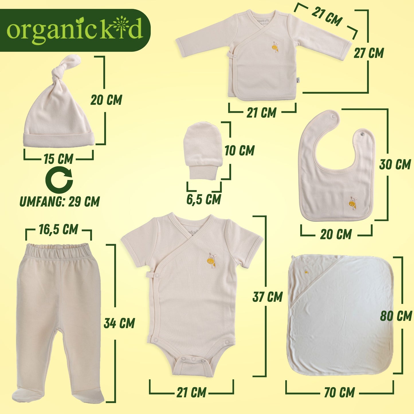 Conjunto para bebé recién nacido de la marca organicKid®: algodón orgánico suave, hipoalergénico, 7 piezas con manta con capucha, primer conjunto de regalo para el bebé de 0 a 6 meses, unisex para niñas y niños.