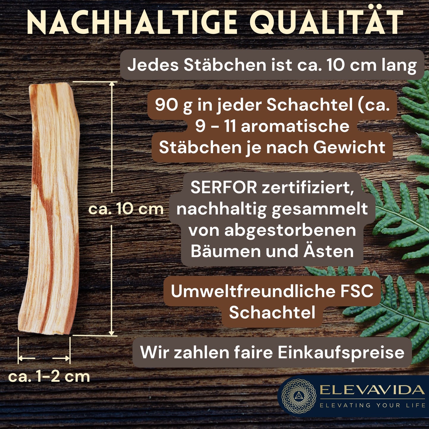 ELEVAVIDA® Palo Santo 90 g (9–11 varillas) madera de incienso aromático de Perú, recolectada de forma sostenible para la relajación, la meditación y la limpieza energética de espacios - Bursera graveolens - madera sagrada
