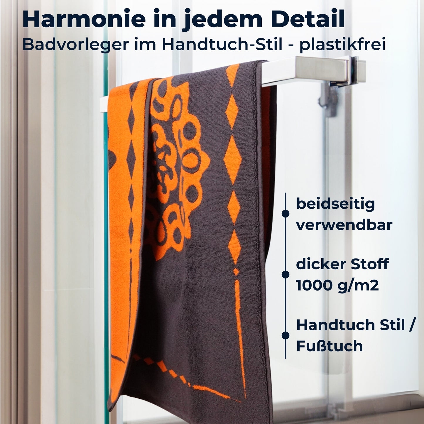 Alfombra de baño de diseño ELEVAVIDA® 100% algodón 1000 g/m2 - antracita/gris con mandala en naranja - lavable a máquina, secado rápido - Armonía para tu baño