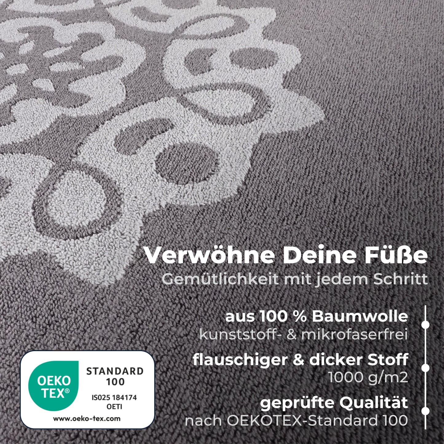 ELEVAVIDA® Design Badvorleger 100% Baumwolle 1000 g/m2 - grau mit Mandala - maschinenwaschbar, schnelltrocknend - Harmonie für Dein Badezimmmer