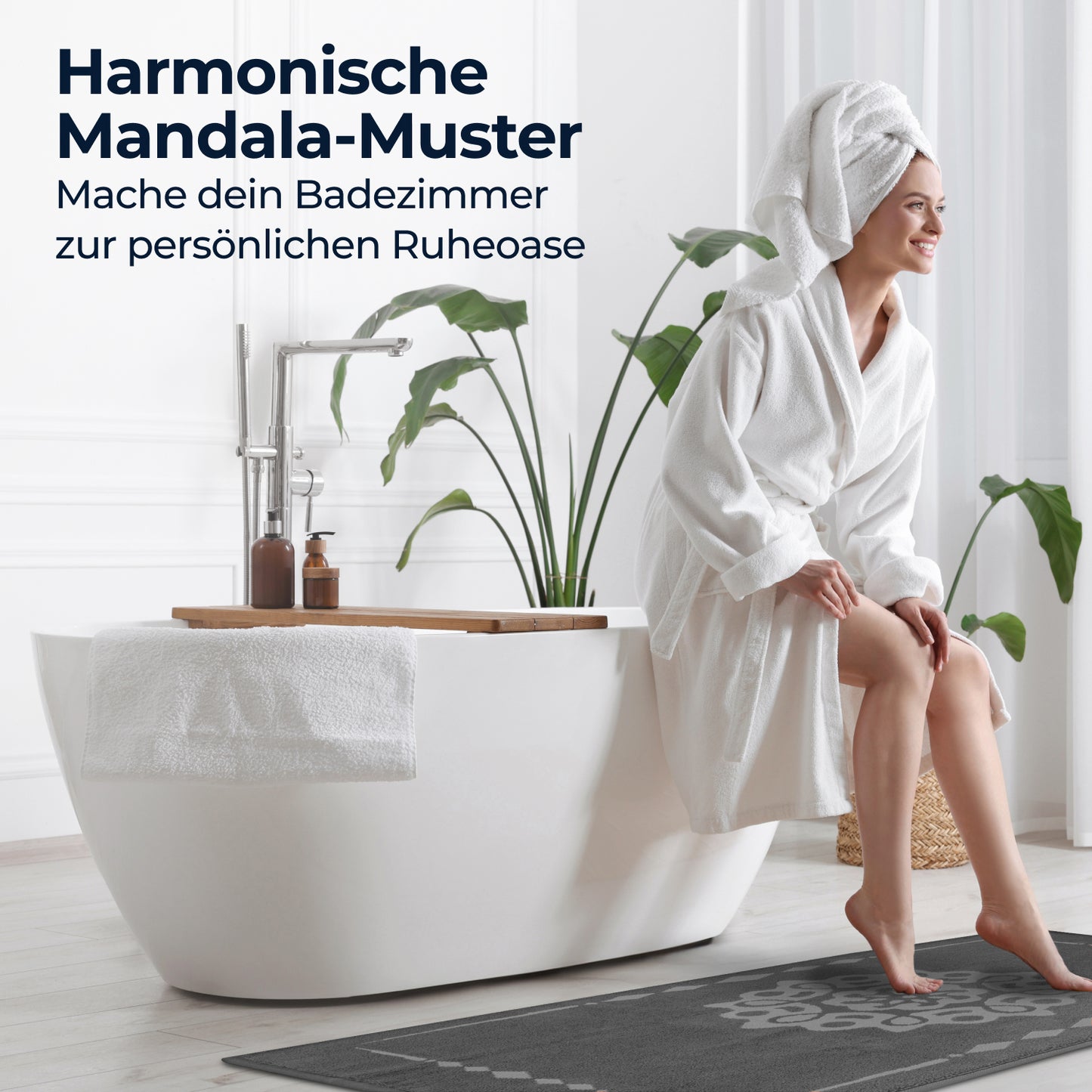 ELEVAVIDA® Design Badvorleger 100% Baumwolle 1000 g/m2 - grau mit Mandala - maschinenwaschbar, schnelltrocknend - Harmonie für Dein Badezimmmer