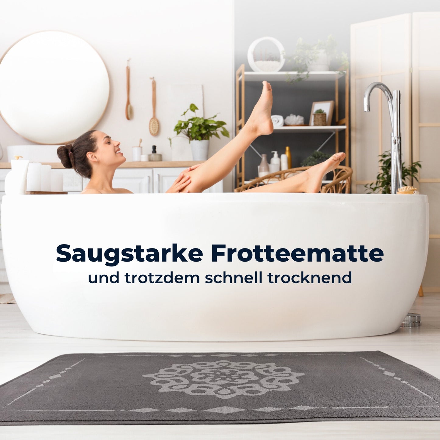 ELEVAVIDA® Design Badvorleger 100% Baumwolle 1000 g/m2 - grau mit Mandala - maschinenwaschbar, schnelltrocknend - Harmonie für Dein Badezimmmer