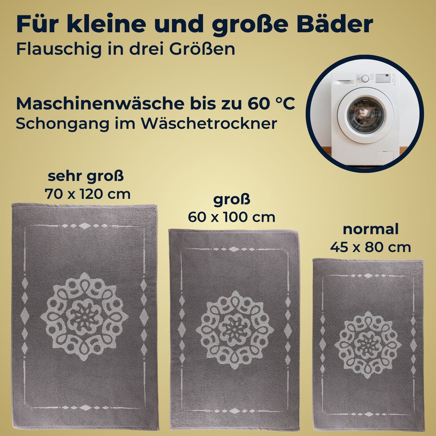 ELEVAVIDA® Design Badvorleger 100% Baumwolle 1000 g/m2 - grau mit Mandala - maschinenwaschbar, schnelltrocknend - Harmonie für Dein Badezimmmer