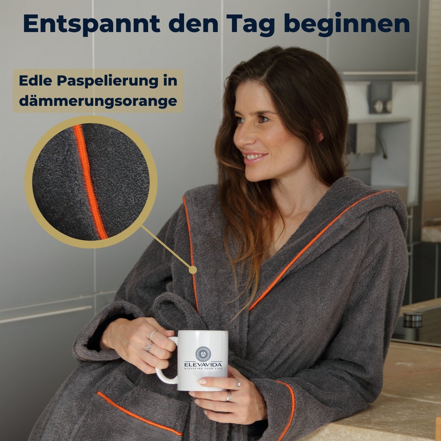 Albornoz de mujer ELEVAVIDA® con capucha de algodón suave - gris delfín - extra suave y cómodo - albornoz largo de sauna de rizo - certificado OEKO-TEX