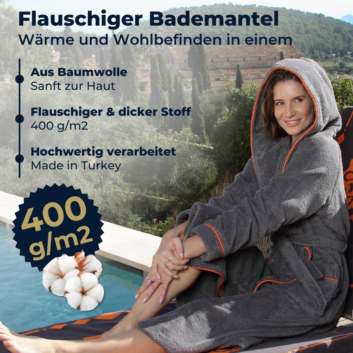 Albornoz de mujer ELEVAVIDA® con capucha de algodón suave - gris delfín - extra suave y cómodo - albornoz largo de sauna de rizo - certificado OEKO-TEX