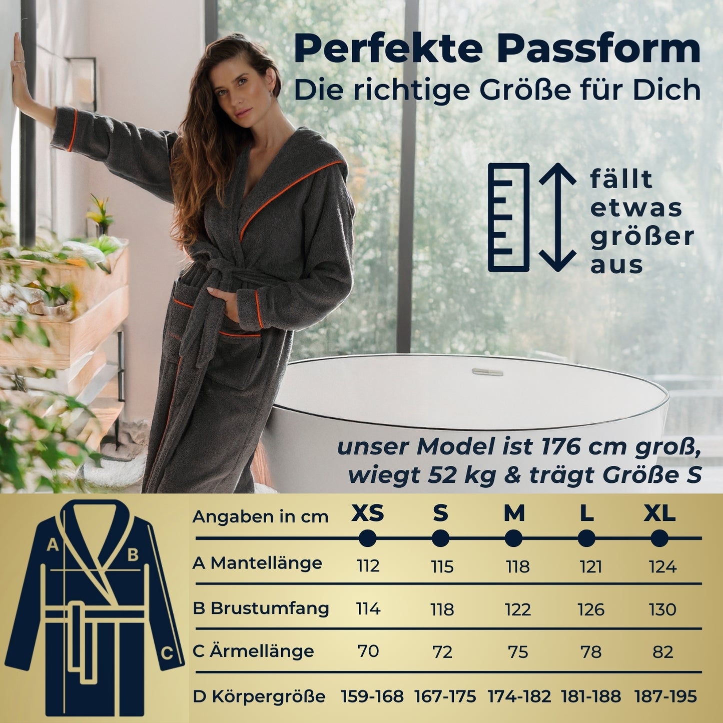 Albornoz de mujer ELEVAVIDA® con capucha de algodón suave - gris delfín - extra suave y cómodo - albornoz largo de sauna de rizo - certificado OEKO-TEX