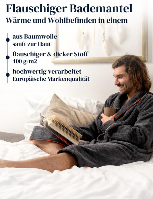 Albornoz de hombre ELEVAVIDA® color antracita de algodón suave (400 g/m²) - extra suave y cómodo - certificado OEKO-TEX