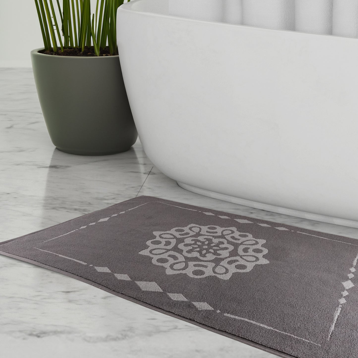 ELEVAVIDA® Design Badvorleger 100% Baumwolle 1000 g/m2 - grau mit Mandala - maschinenwaschbar, schnelltrocknend - Harmonie für Dein Badezimmmer