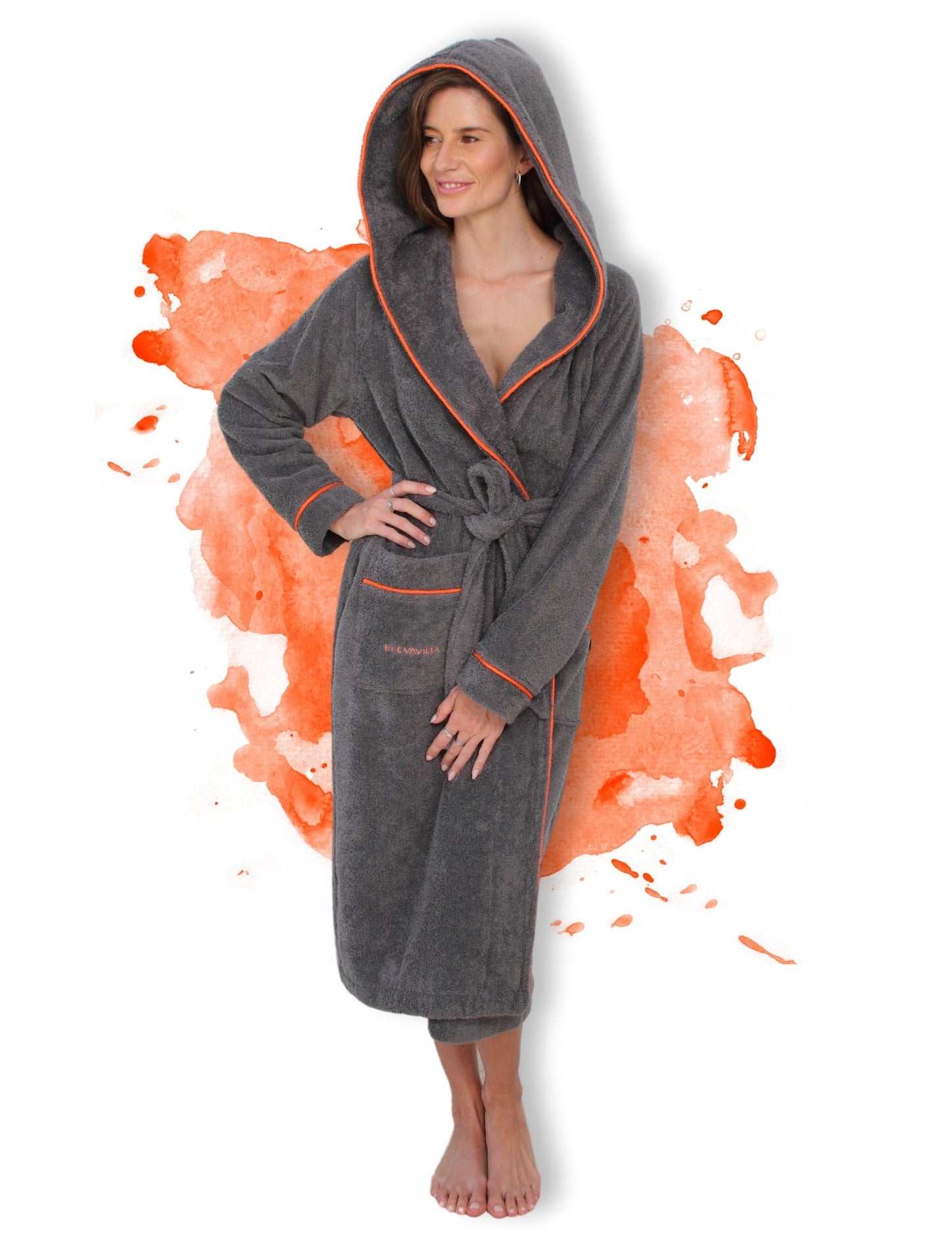 Albornoz de mujer ELEVAVIDA® con capucha de algodón suave - gris delfín - extra suave y cómodo - albornoz largo de sauna de rizo - certificado OEKO-TEX