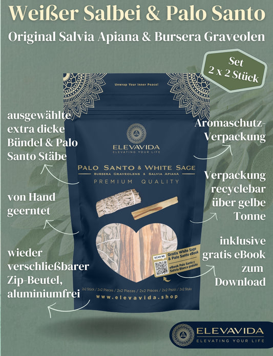 Set de Salvia Blanca: (Salvia Apiana) de California, 2 manojos de varillas para hacer humo y Palo Santo de Perú, juego de 2 varillas (2x2) para quemar humo - Set de varillas para hacer humo