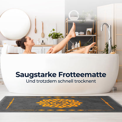 Alfombra de baño de diseño ELEVAVIDA® 100% algodón 1000 g/m2 - antracita/gris con mandala en naranja - lavable a máquina, secado rápido - Armonía para tu baño 