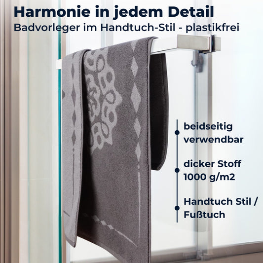 ELEVAVIDA® Design Badvorleger 100% Baumwolle 1000 g/m2 - grau mit Mandala - maschinenwaschbar, schnelltrocknend - Harmonie für Dein Badezimmmer