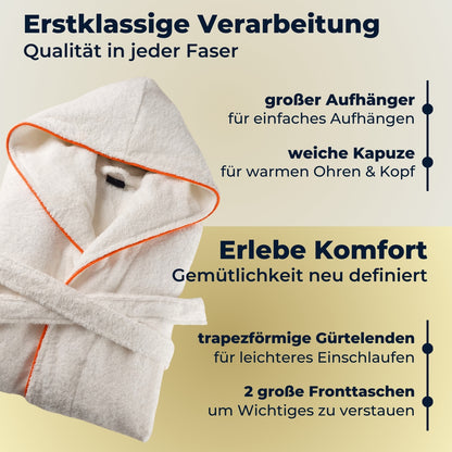 Albornoz de mujer ELEVAVIDA® con capucha de algodón suave - blanco puro - extra suave y cómodo - albornoz largo de sauna de rizo - certificado OEKO-TEX