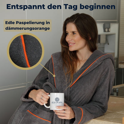 Albornoz de mujer ELEVAVIDA® con capucha de algodón suave - gris delfín - extra suave y cómodo - albornoz largo de sauna de rizo - certificado OEKO-TEX