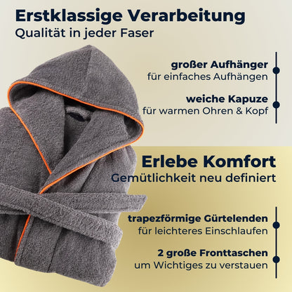 Albornoz de mujer ELEVAVIDA® con capucha de algodón suave - gris delfín - extra suave y cómodo - albornoz largo de sauna de rizo - certificado OEKO-TEX