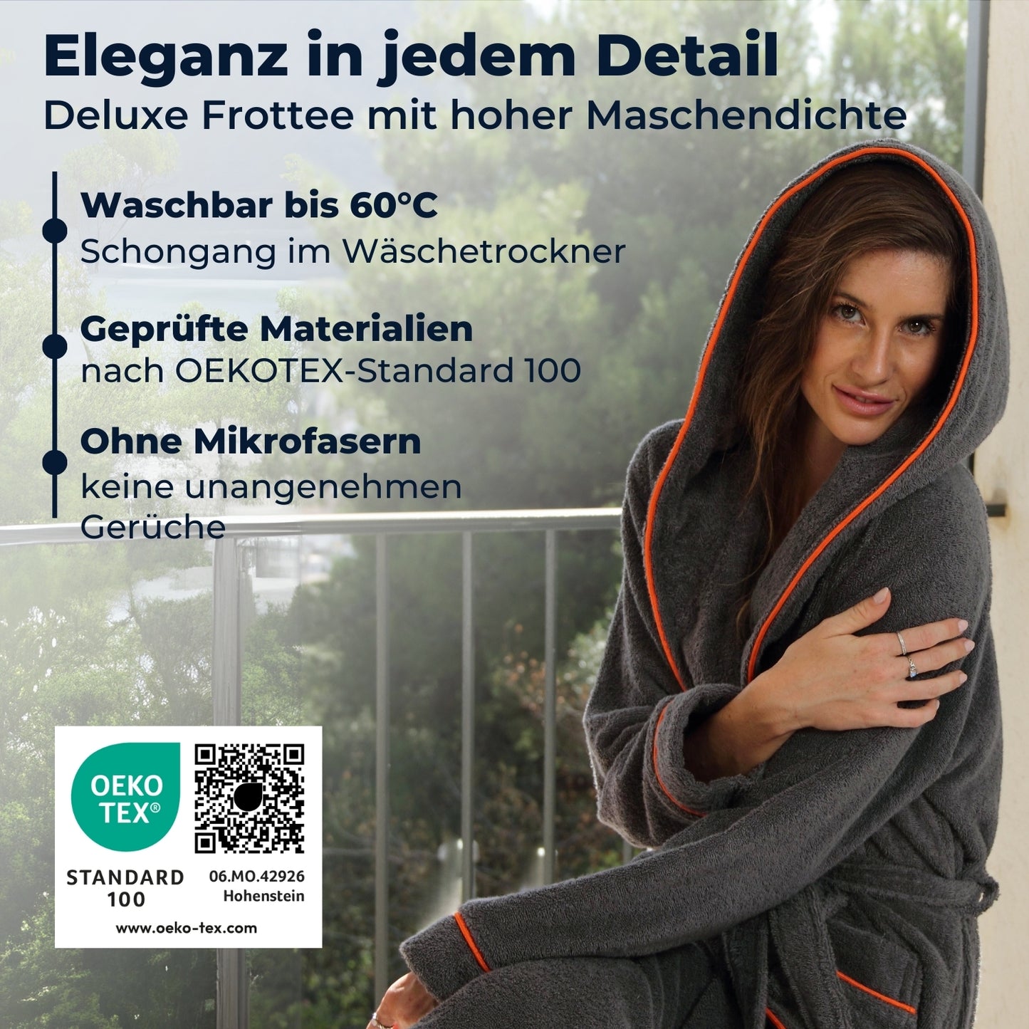 Albornoz de mujer ELEVAVIDA® con capucha de algodón suave - gris delfín - extra suave y cómodo - albornoz largo de sauna de rizo - certificado OEKO-TEX