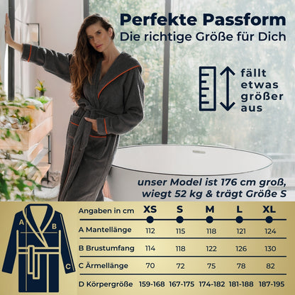 Albornoz de mujer ELEVAVIDA® con capucha de algodón suave - gris delfín - extra suave y cómodo - albornoz largo de sauna de rizo - certificado OEKO-TEX