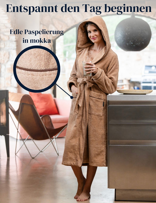 Damen Bademantel mit Kapuze aus kuscheliger Baumwolle beige - extra weich und bequem - OEKO-TEX zertifiziert