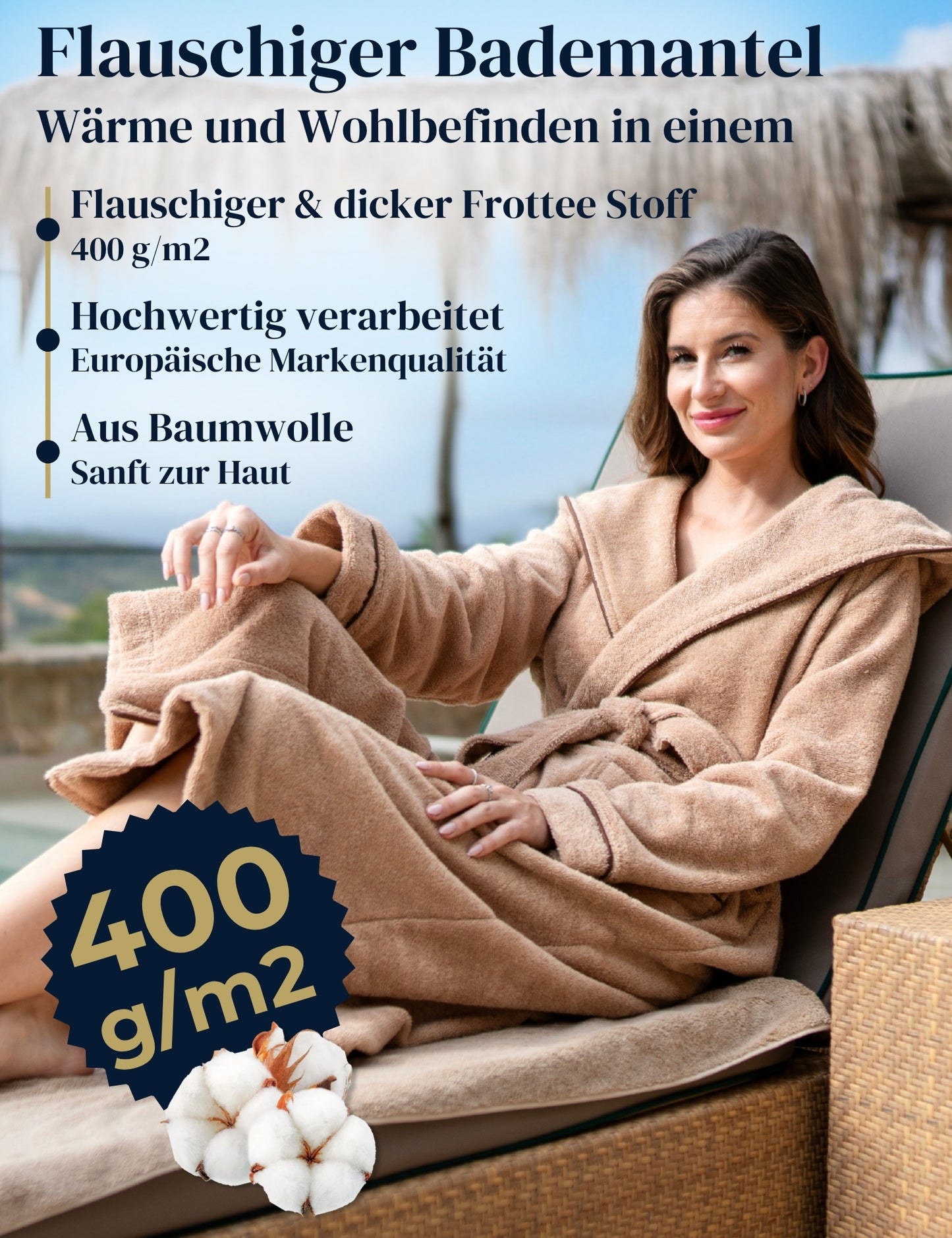 Damen Bademantel mit Kapuze aus kuscheliger Baumwolle beige - extra weich und bequem - OEKO-TEX zertifiziert