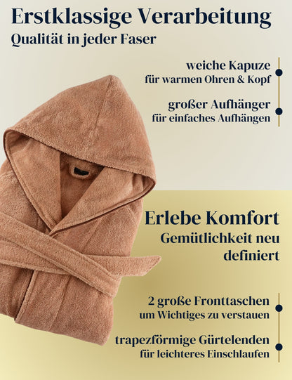 Damen Bademantel mit Kapuze aus kuscheliger Baumwolle beige - extra weich und bequem - OEKO-TEX zertifiziert