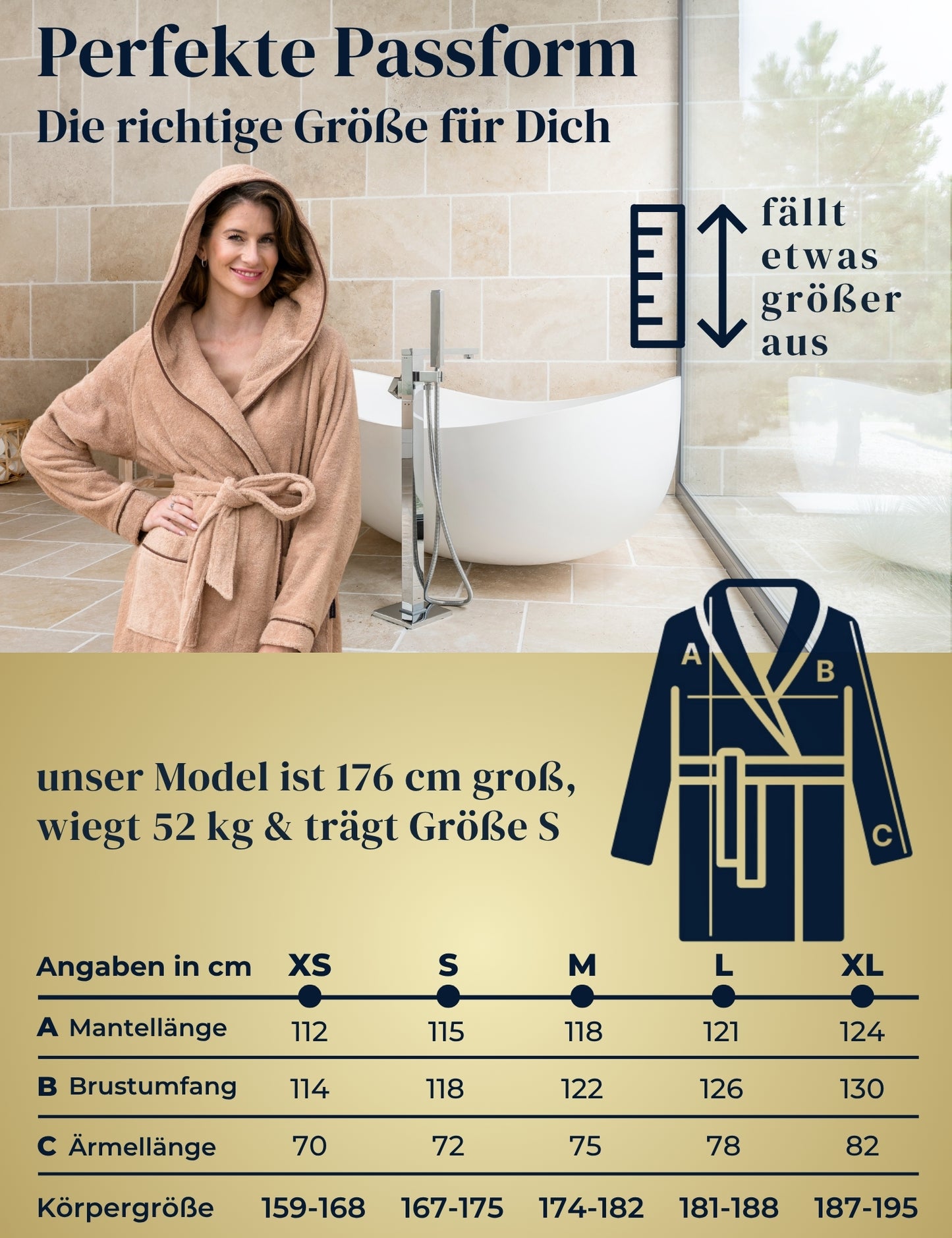 Damen Bademantel mit Kapuze aus kuscheliger Baumwolle beige - extra weich und bequem - OEKO-TEX zertifiziert