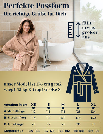 Damen Bademantel mit Kapuze aus kuscheliger Baumwolle beige - extra weich und bequem - OEKO-TEX zertifiziert