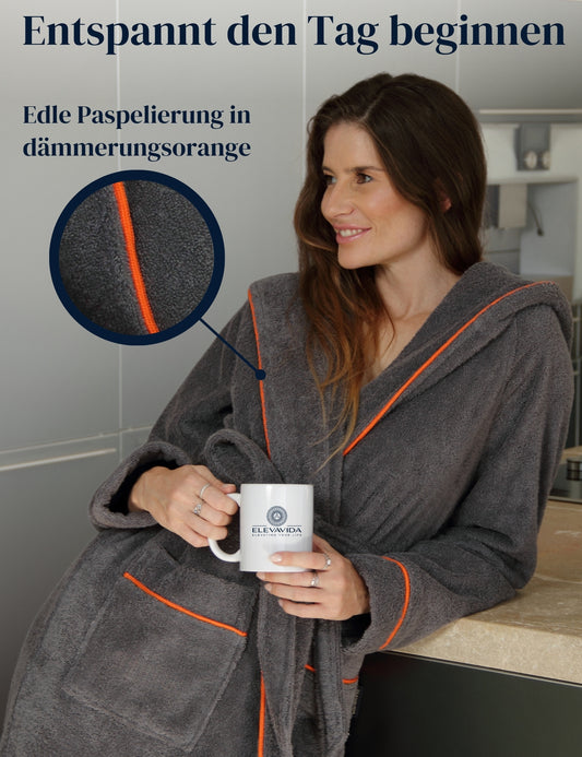 Albornoz de mujer ELEVAVIDA® con capucha de algodón suave - gris delfín - extra suave y cómodo - albornoz largo de sauna de rizo - certificado OEKO-TEX