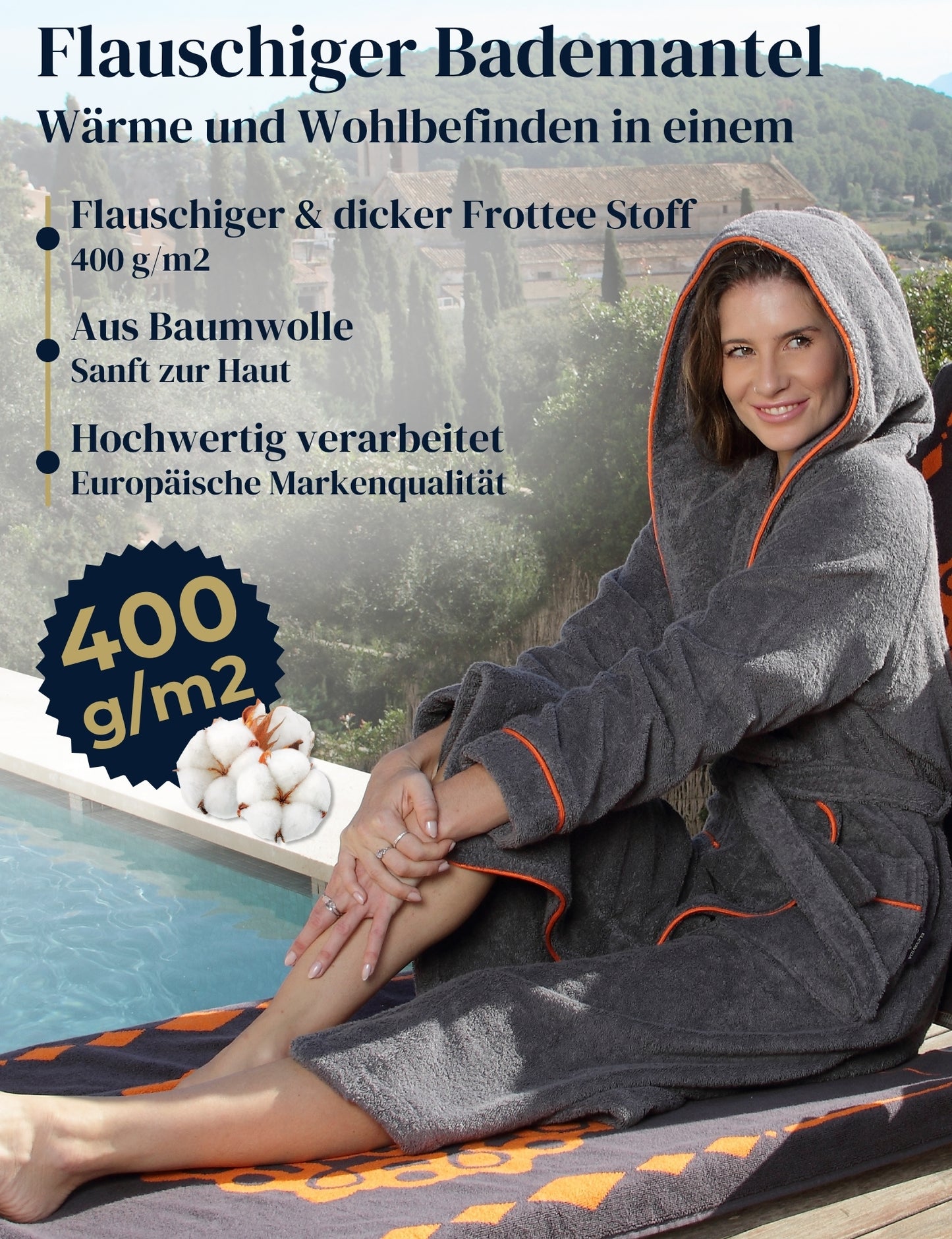 Albornoz de mujer ELEVAVIDA® con capucha de algodón suave - gris delfín - extra suave y cómodo - albornoz largo de sauna de rizo - certificado OEKO-TEX