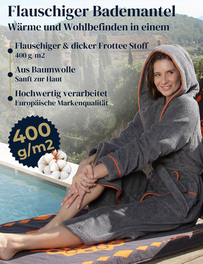 Albornoz de mujer ELEVAVIDA® con capucha de algodón suave - gris delfín - extra suave y cómodo - albornoz largo de sauna de rizo - certificado OEKO-TEX