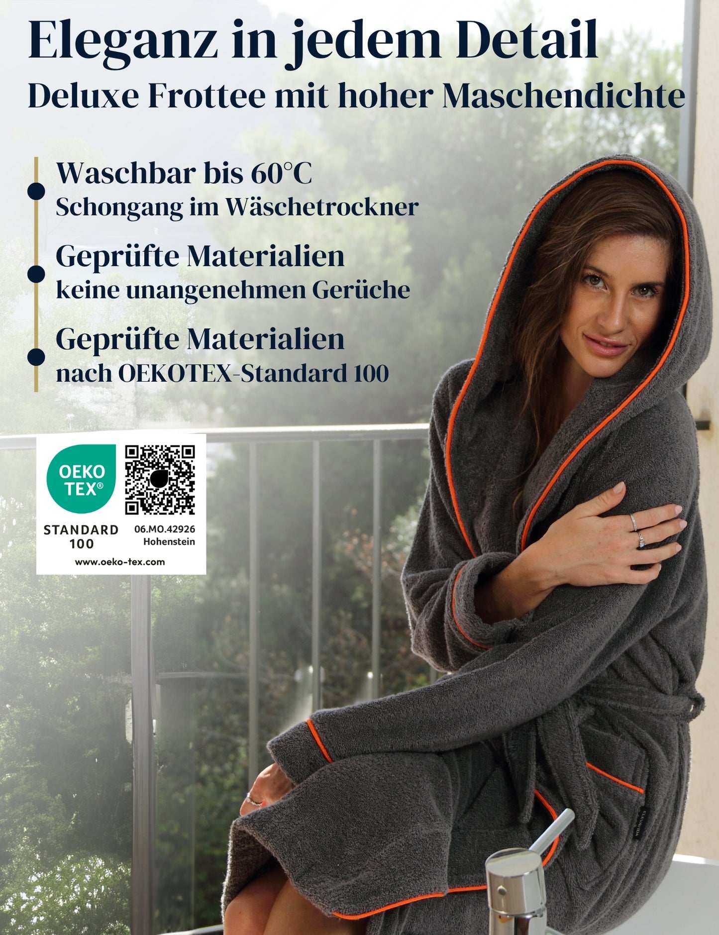 Albornoz de mujer ELEVAVIDA® con capucha de algodón suave - gris delfín - extra suave y cómodo - albornoz largo de sauna de rizo - certificado OEKO-TEX