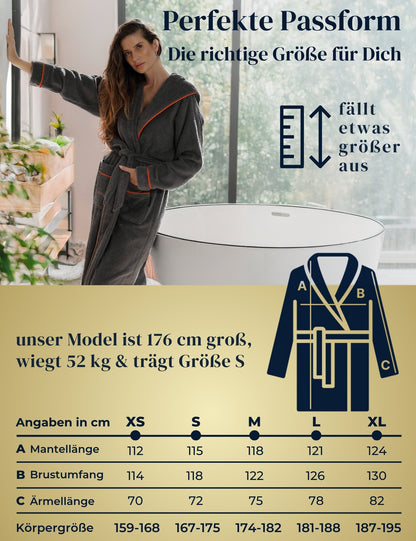 Albornoz de mujer ELEVAVIDA® con capucha de algodón suave - gris delfín - extra suave y cómodo - albornoz largo de sauna de rizo - certificado OEKO-TEX