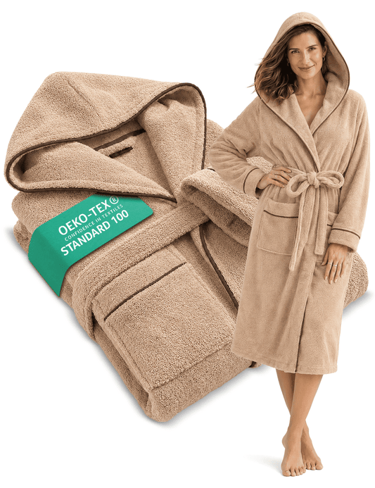 Albornoz con capucha para mujer de suave algodón, color beige - extra suave y cómodo - certificado OEKO-TEX