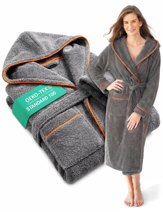 Albornoz con capucha para mujer de algodón suave - gris delfín - extra suave y cómodo - certificado OEKO-TEX