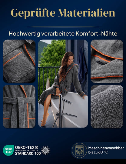 Damen Bademantel mit Kapuze aus kuscheliger Baumwolle - delphingrau - extra weich und bequem - OEKO-TEX zertifiziert