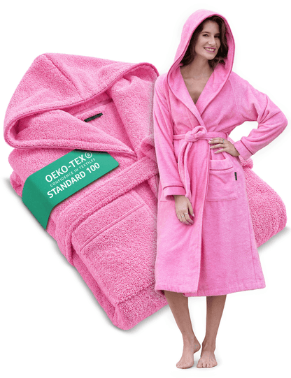 Damen Bademantel mit Kapuze aus kuscheliger Baumwolle rosa - extra weich und bequem - OEKO-TEX zertifiziert