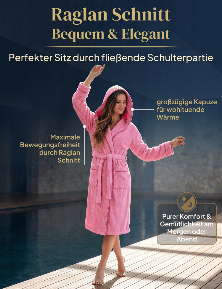 Damen Bademantel mit Kapuze aus kuscheliger Baumwolle rosa - extra weich und bequem - OEKO-TEX zertifiziert