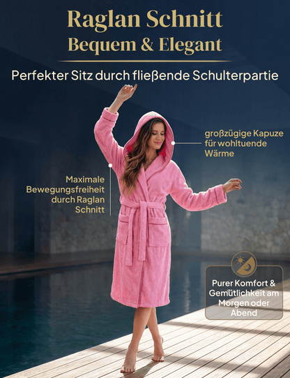 Damen Bademantel mit Kapuze aus kuscheliger Baumwolle rosa - extra weich und bequem - OEKO-TEX zertifiziert