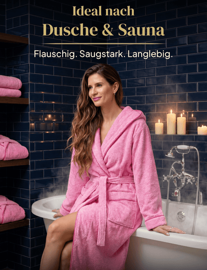 Damen Bademantel mit Kapuze aus kuscheliger Baumwolle rosa - extra weich und bequem - OEKO-TEX zertifiziert
