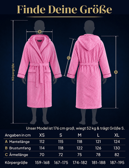 Damen Bademantel mit Kapuze aus kuscheliger Baumwolle rosa - extra weich und bequem - OEKO-TEX zertifiziert